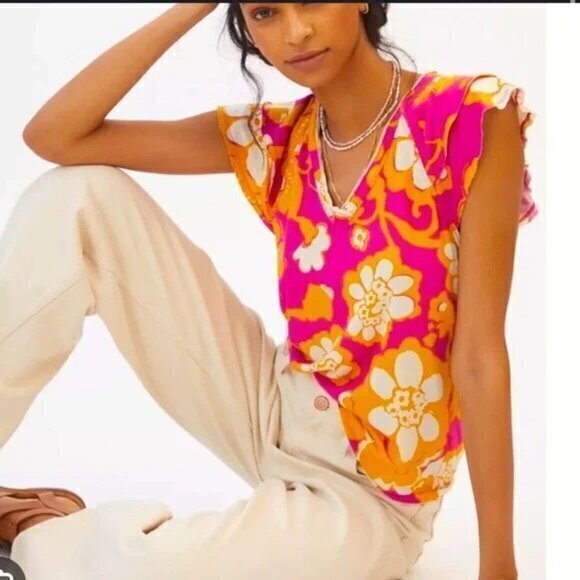 Anthropologie Maeve Catie Ruffle-Sleeved Tee- Pink Combo- Women's Small Petite - Picture 1 of 12